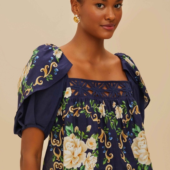 FARM Rio Tops - Farm Rio: Blue Flower Tapestry Yoke Blouse